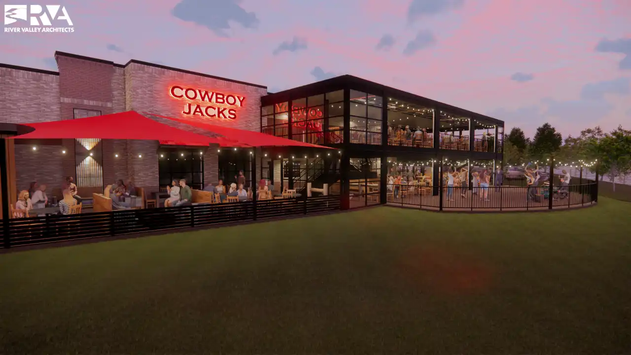 Rendering of the two-story patio at dusk with string lights